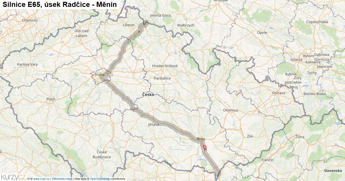 Úsek Radčice - Měnín, Silnice E65 - Mapa