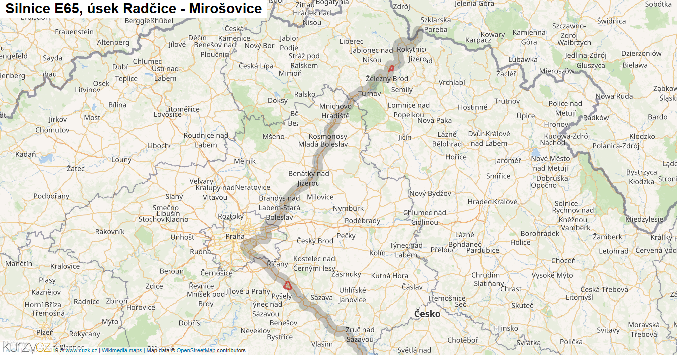 Úsek Radčice - Mirošovice, Silnice E65 - Mapa