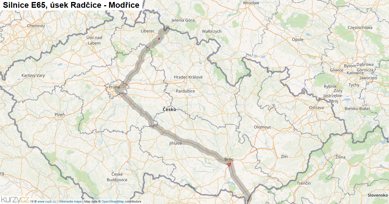 Úsek Radčice - Modřice, Silnice E65 - Mapa