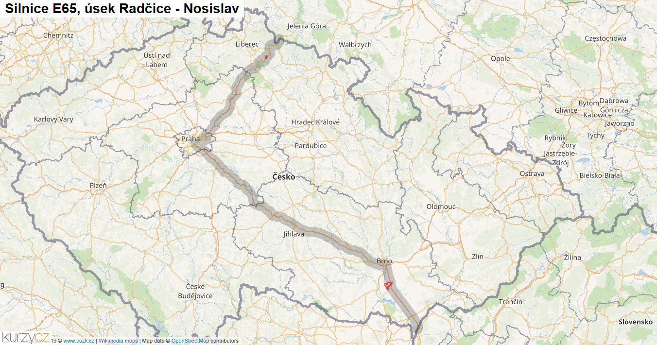 Úsek Radčice - Nosislav, Silnice E65 - Mapa