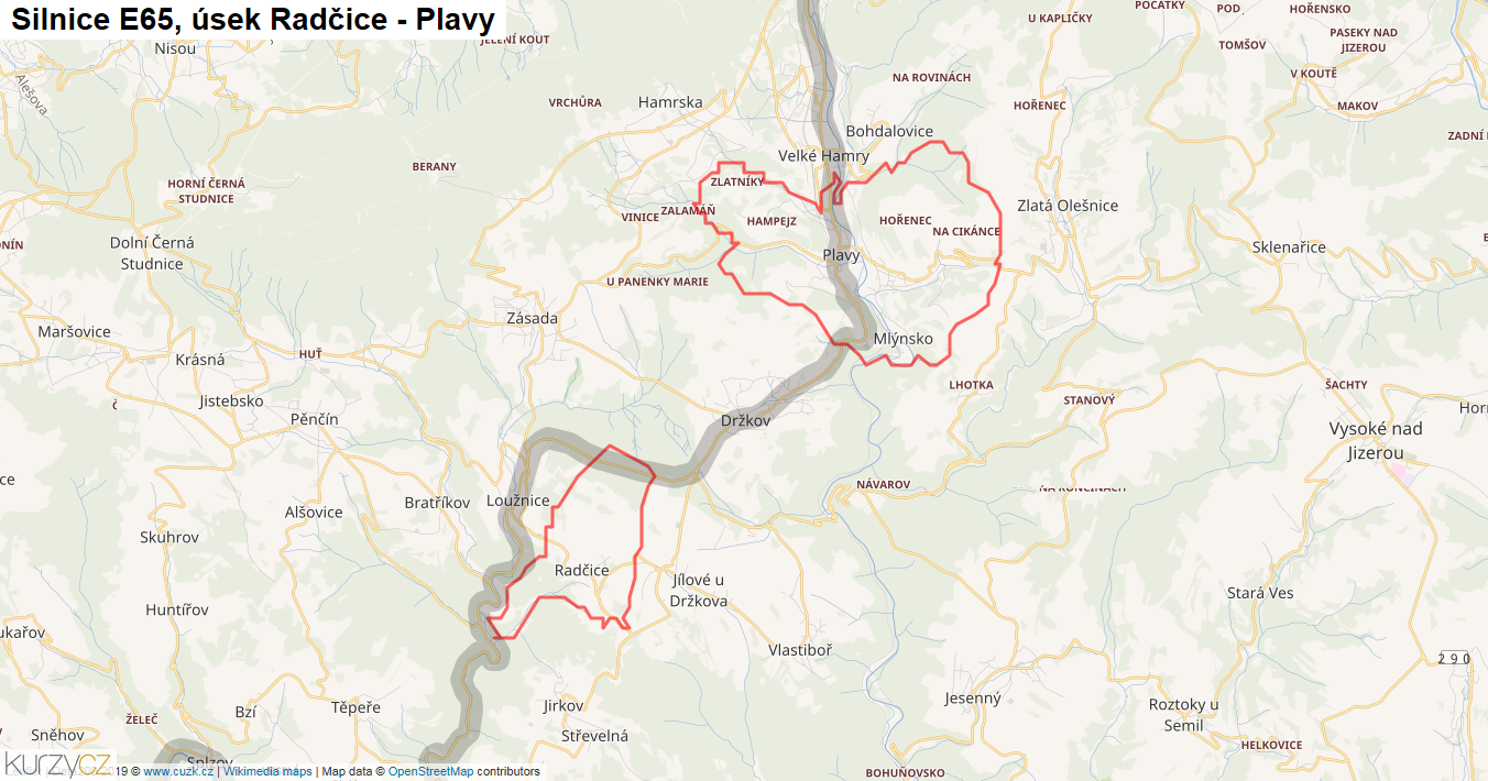 Úsek Radčice - Plavy, Silnice E65 - Mapa