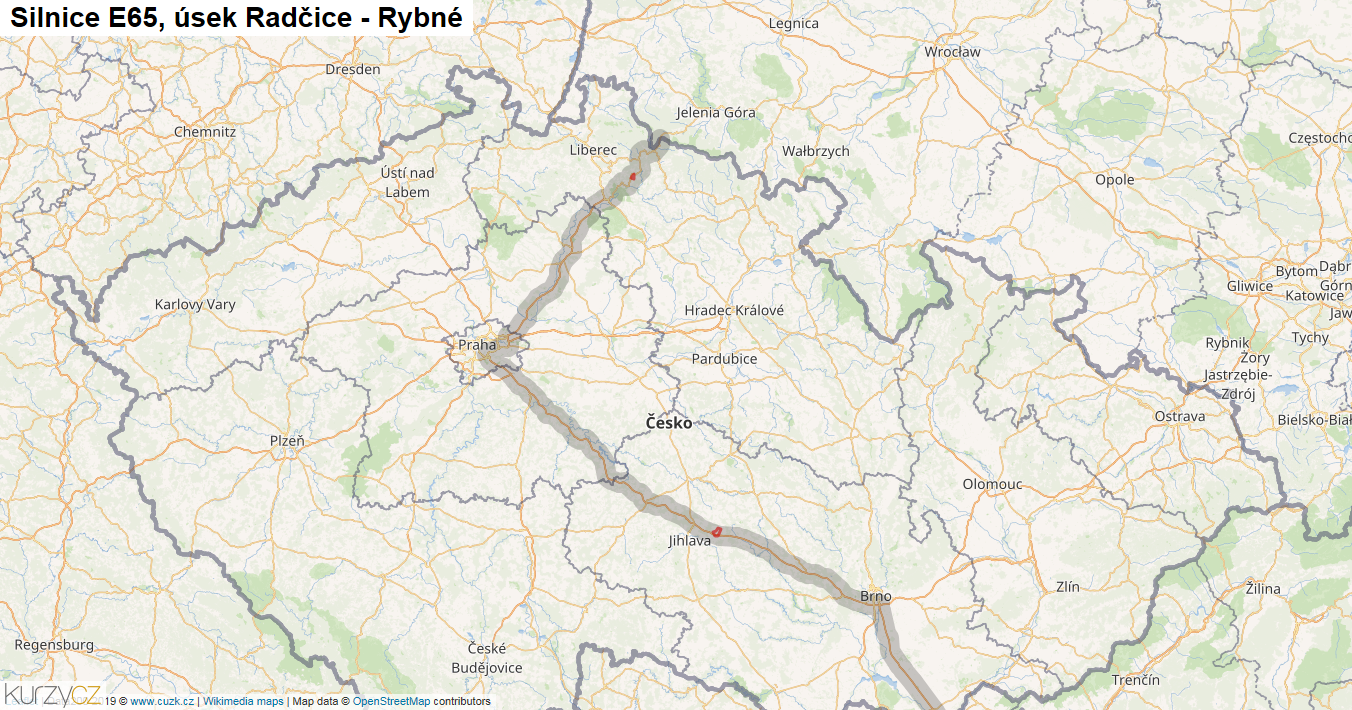 Úsek Radčice - Rybné, Silnice E65 - Mapa