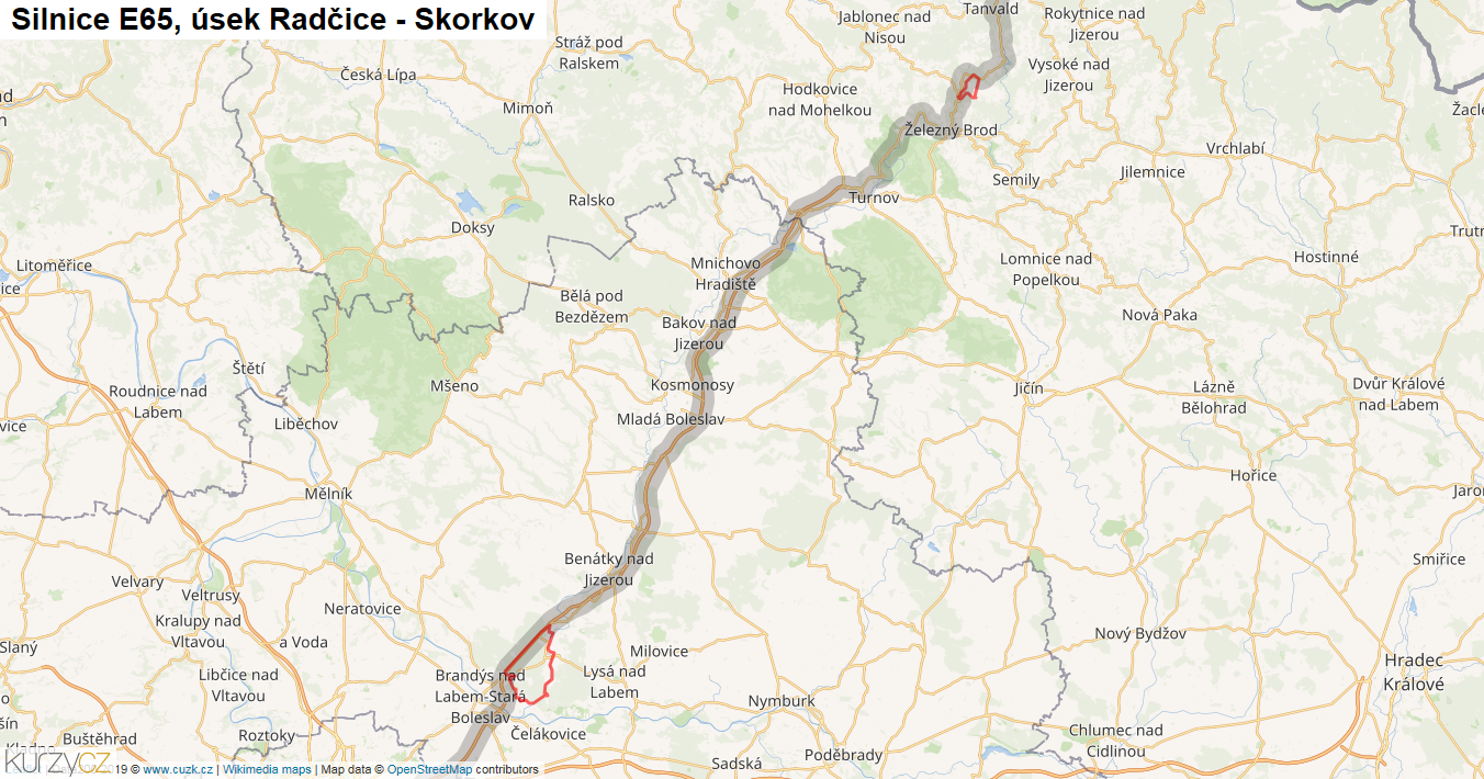 Úsek Radčice - Skorkov, Silnice E65 - Mapa