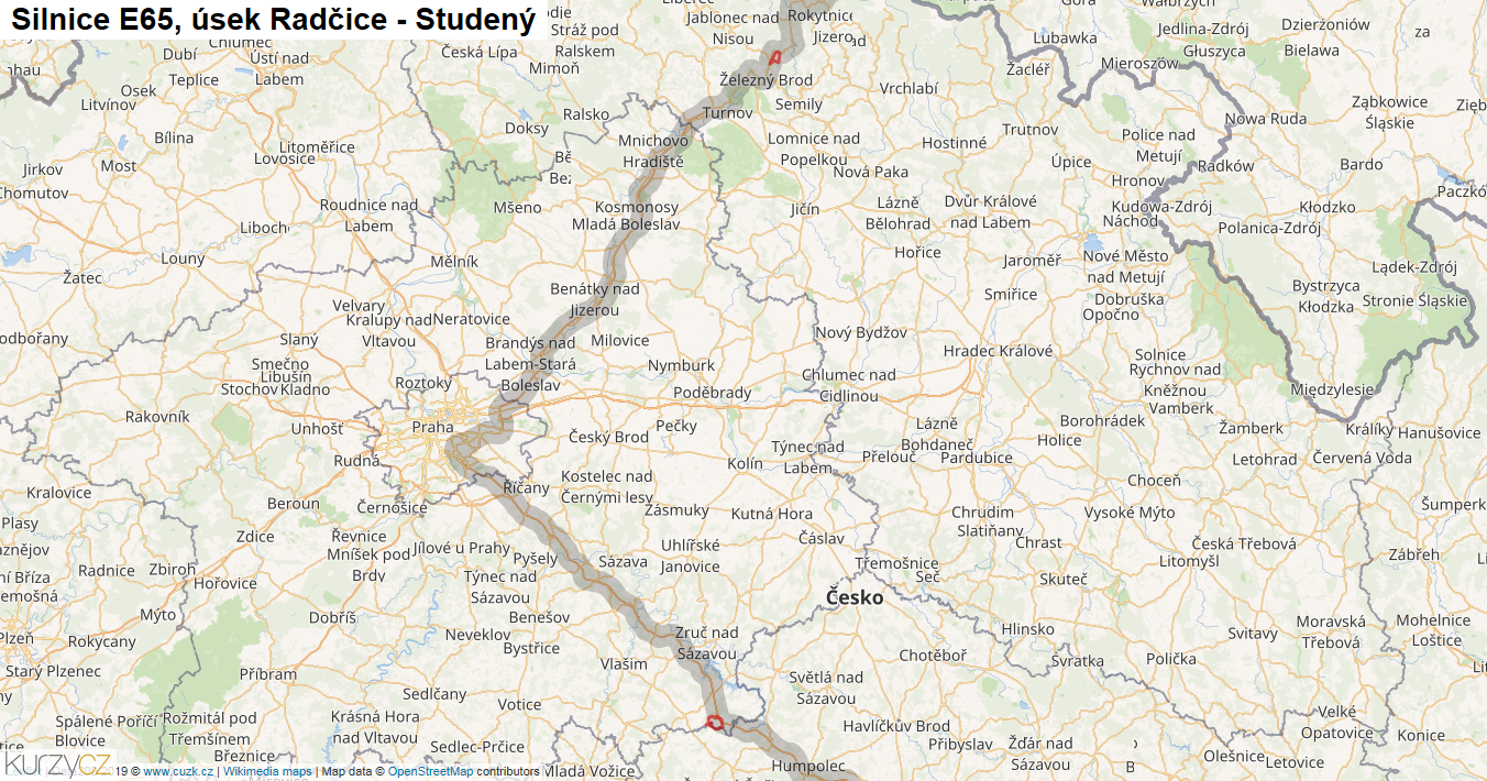 Úsek Radčice - Studený, Silnice E65 - Mapa