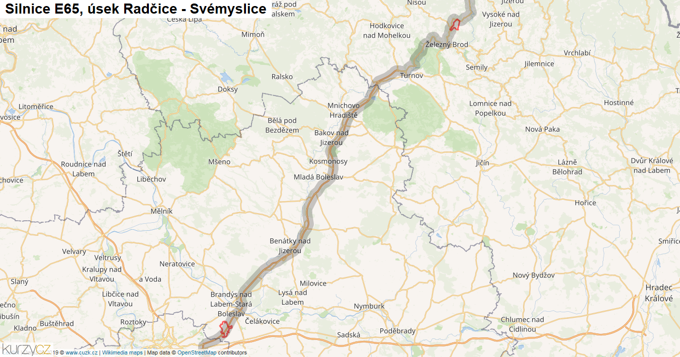Úsek Radčice - Svémyslice, Silnice E65 - Mapa
