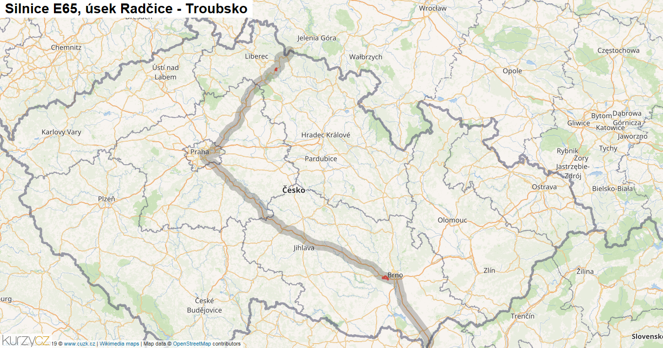 Úsek Radčice - Troubsko, Silnice E65 - Mapa