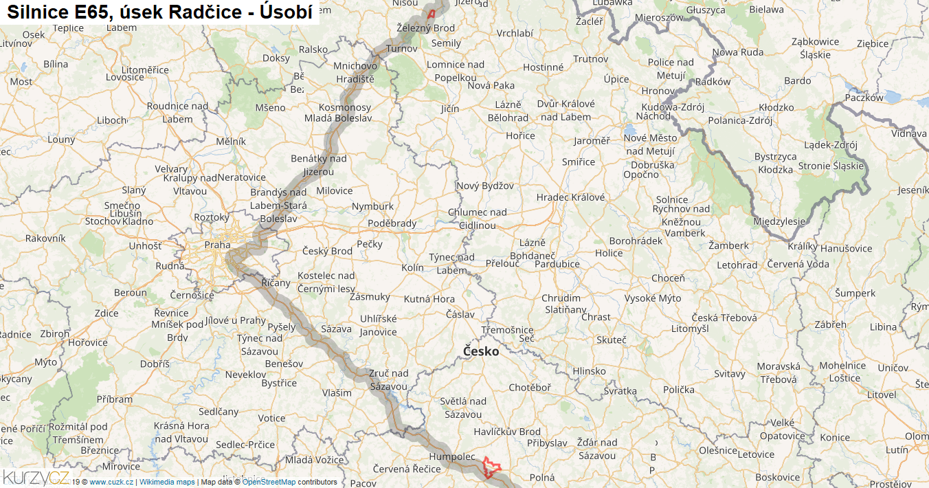 Úsek Radčice - Úsobí, Silnice E65 - Mapa