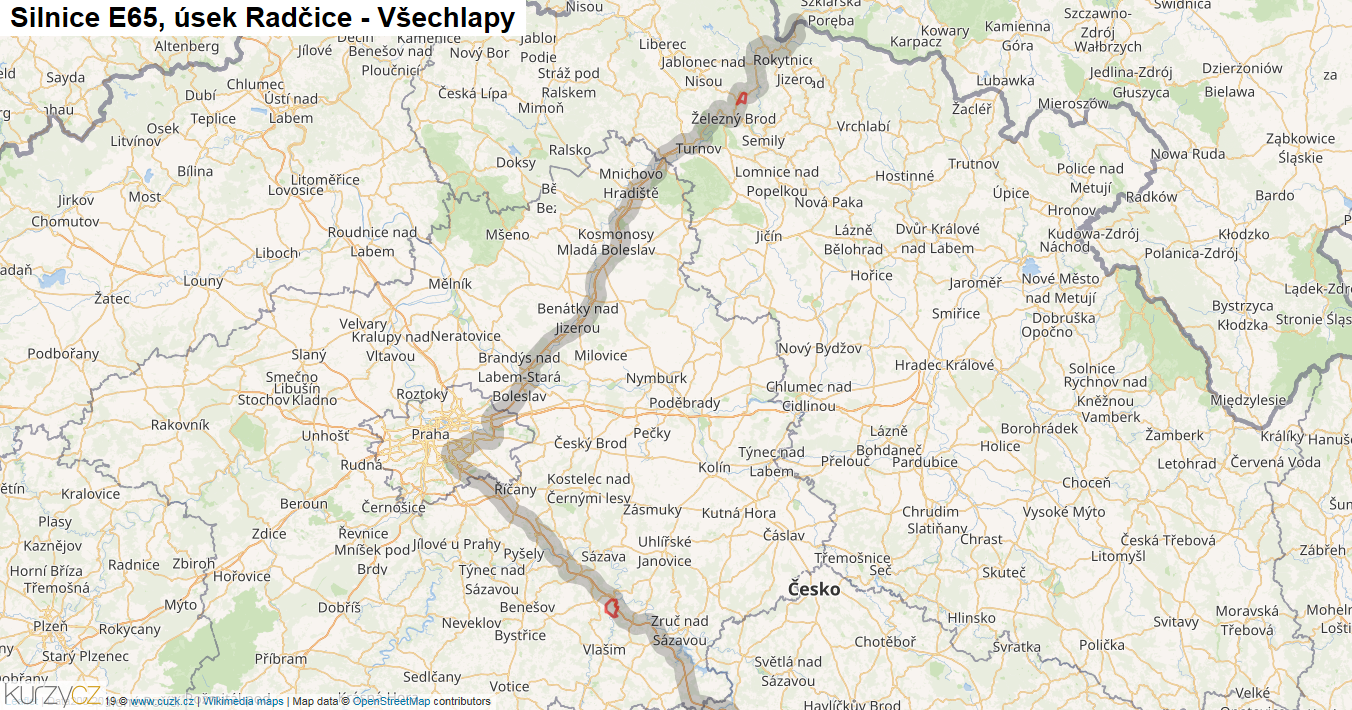 Úsek Radčice - Všechlapy, Silnice E65 - Mapa