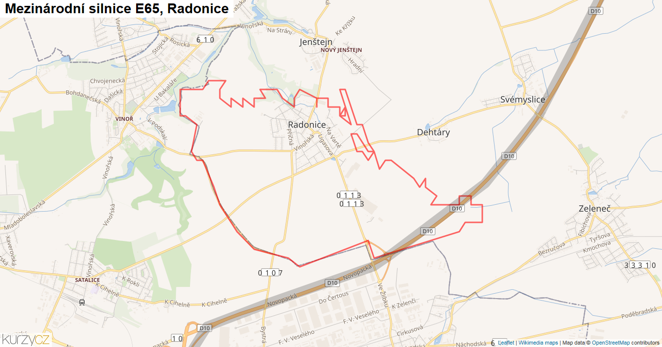 Radonice, Silnice E65 - Mapa
