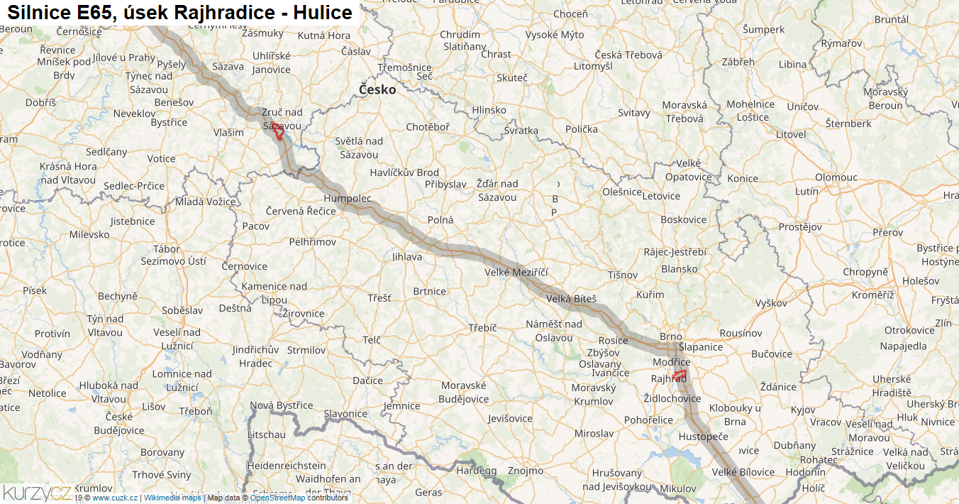 Úsek Rajhradice - Hulice, Silnice E65 - Mapa