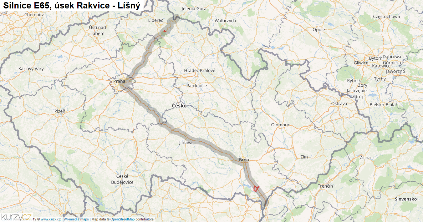 Úsek Rakvice - Líšný, Silnice E65 - Mapa