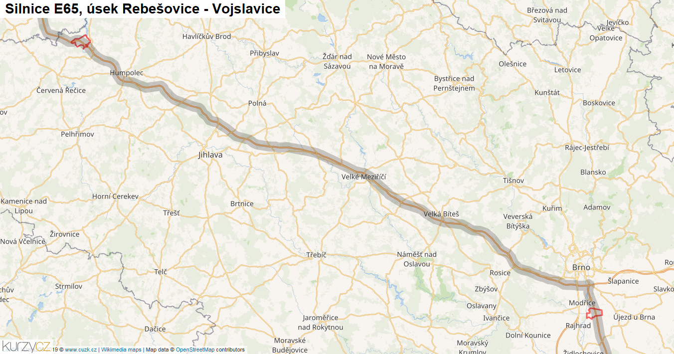Úsek Rebešovice - Vojslavice, Silnice E65 - Mapa