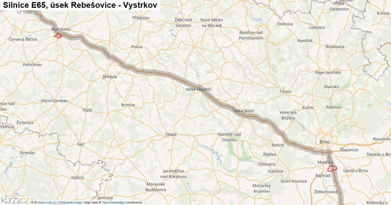Úsek Rebešovice - Vystrkov, Silnice E65 - Mapa