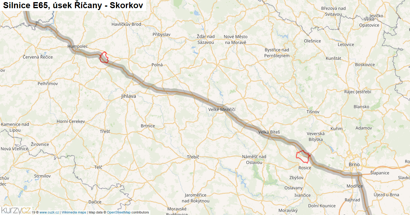 Úsek Říčany - Skorkov, Silnice E65 - Mapa