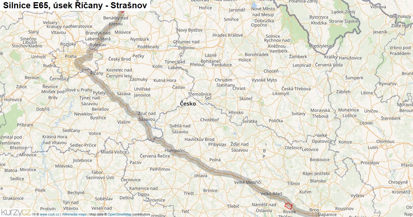 Úsek Říčany - Strašnov, Silnice E65 - Mapa