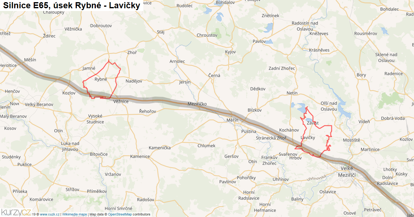 Úsek Rybné - Lavičky, Silnice E65 - Mapa