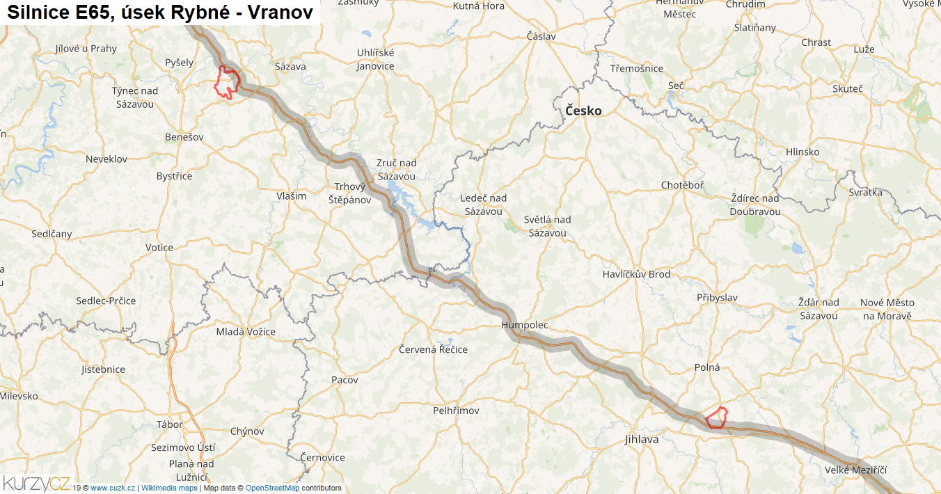 Úsek Rybné - Vranov, Silnice E65 - Mapa