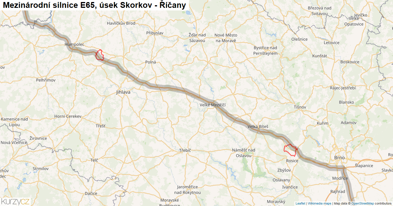 Úsek Skorkov - Říčany, Silnice E65 - Mapa