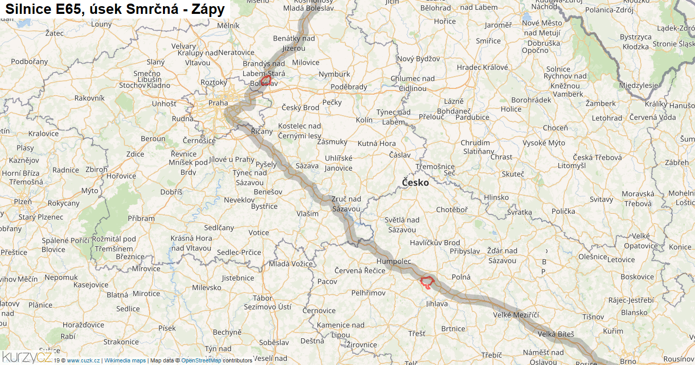 Úsek Smrčná - Zápy, Silnice E65 - Mapa