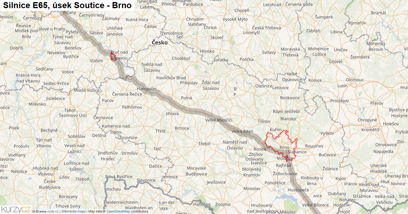 Úsek Soutice - Brno, Silnice E65 - Mapa