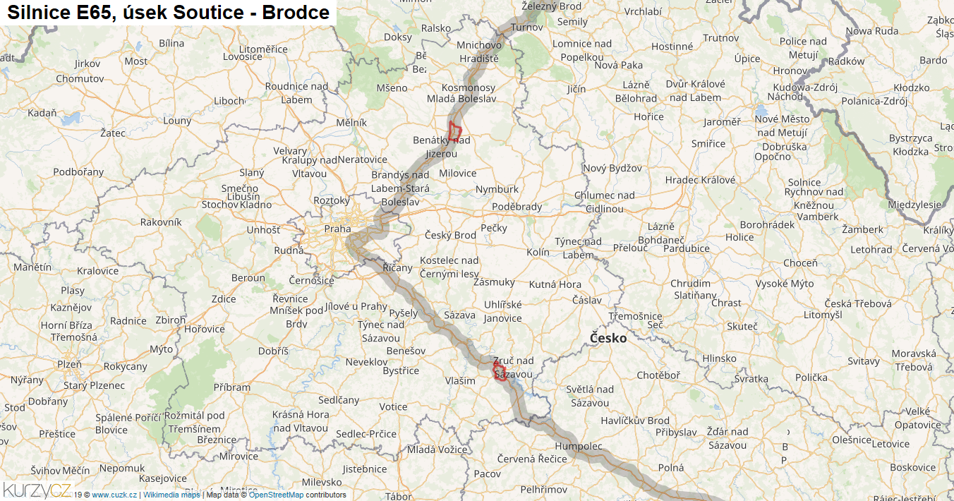 Úsek Soutice - Brodce, Silnice E65 - Mapa