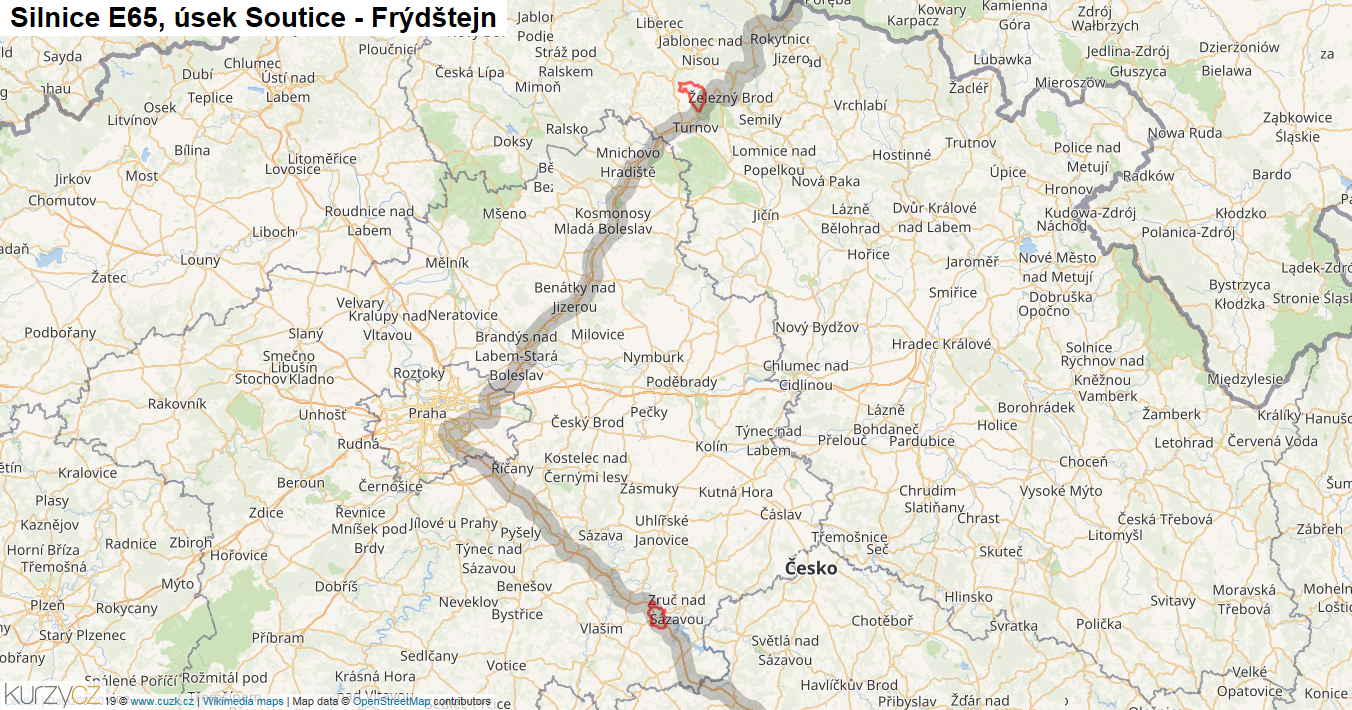 Úsek Soutice - Frýdštejn, Silnice E65 - Mapa
