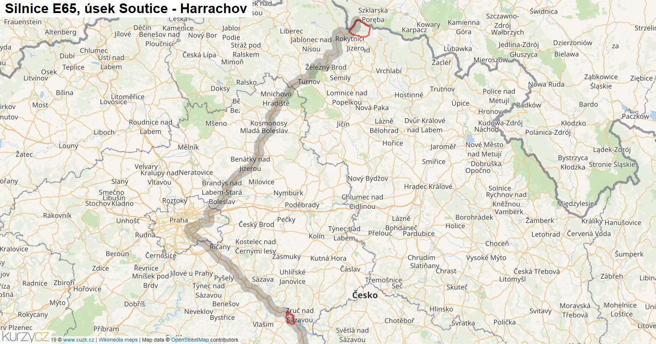 Úsek Soutice - Harrachov, Silnice E65 - Mapa
