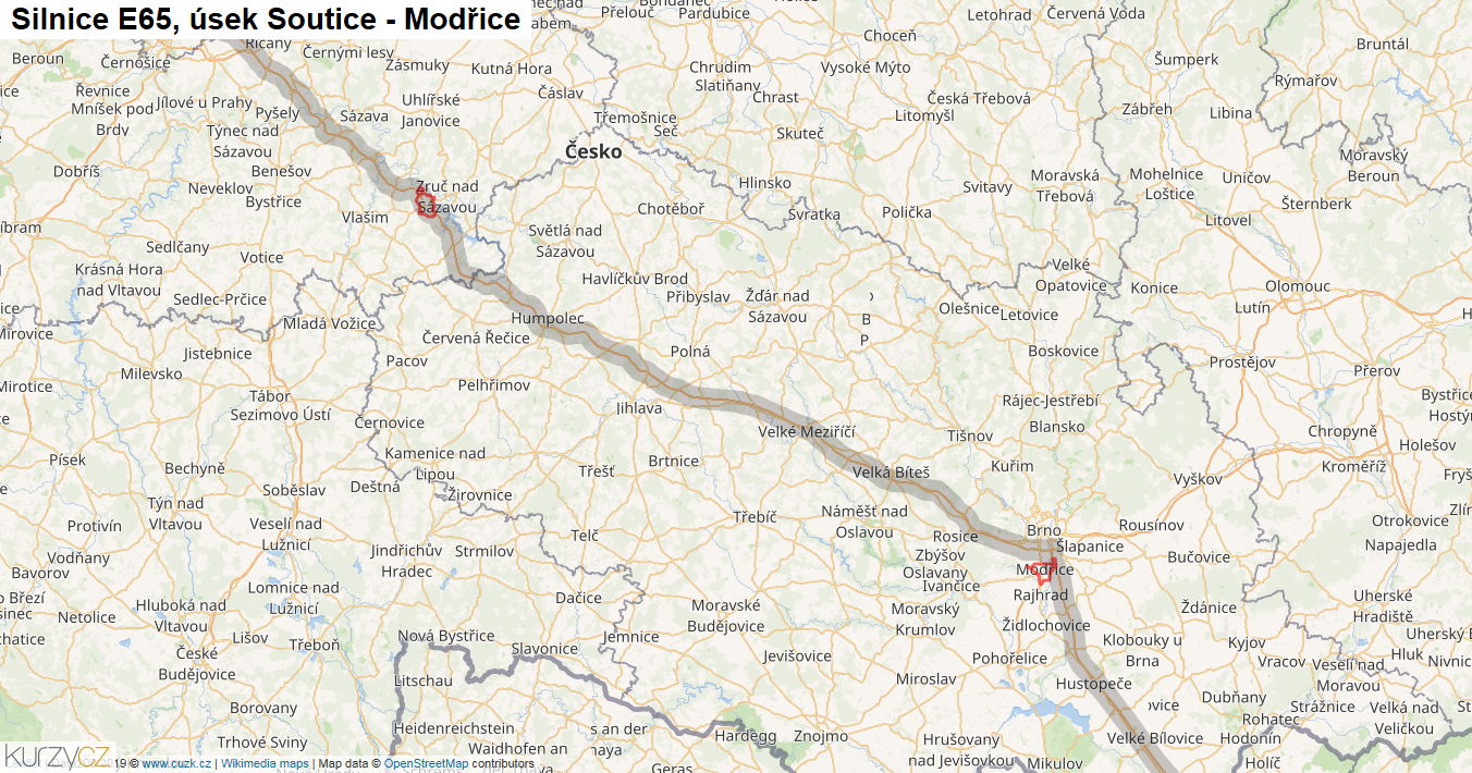 Úsek Soutice - Modřice, Silnice E65 - Mapa
