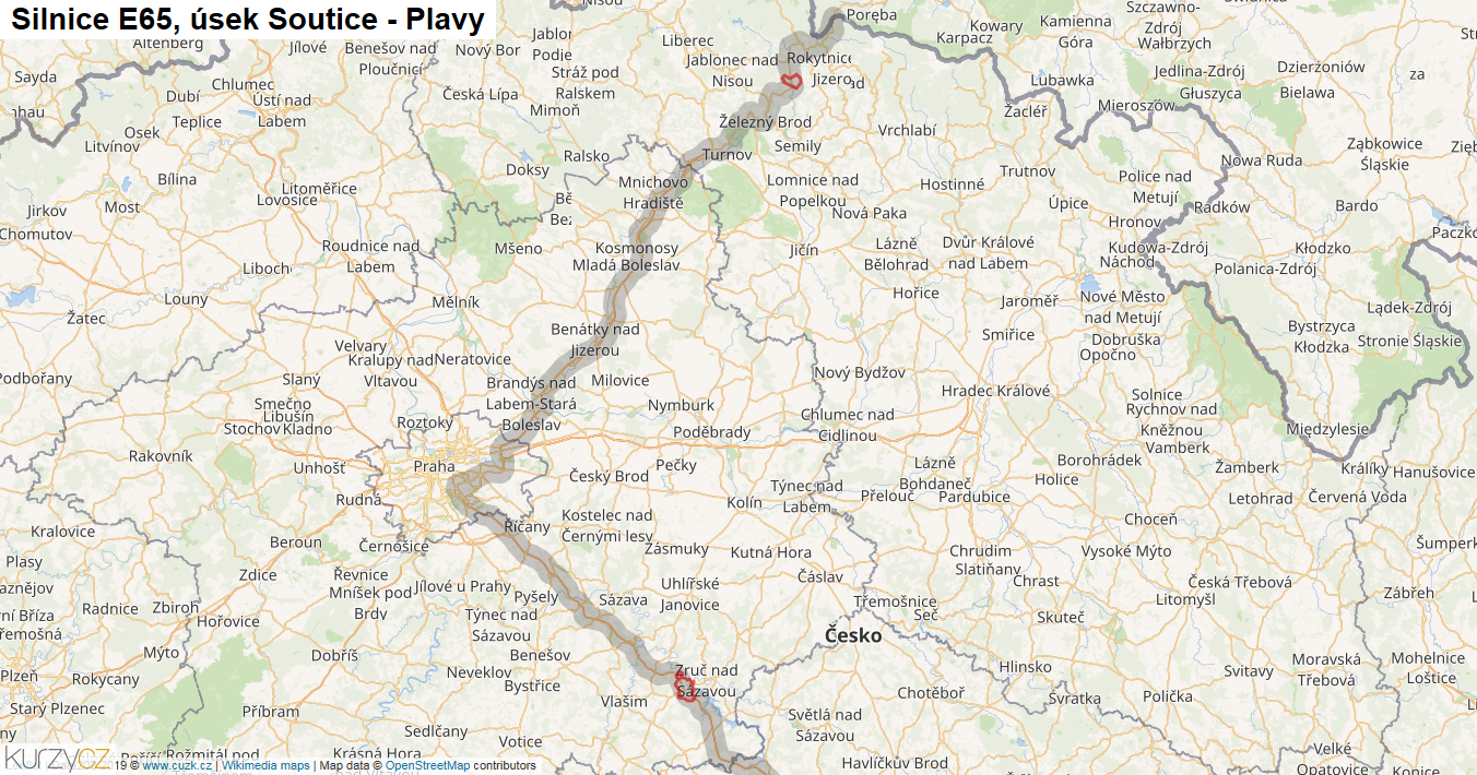 Úsek Soutice - Plavy, Silnice E65 - Mapa