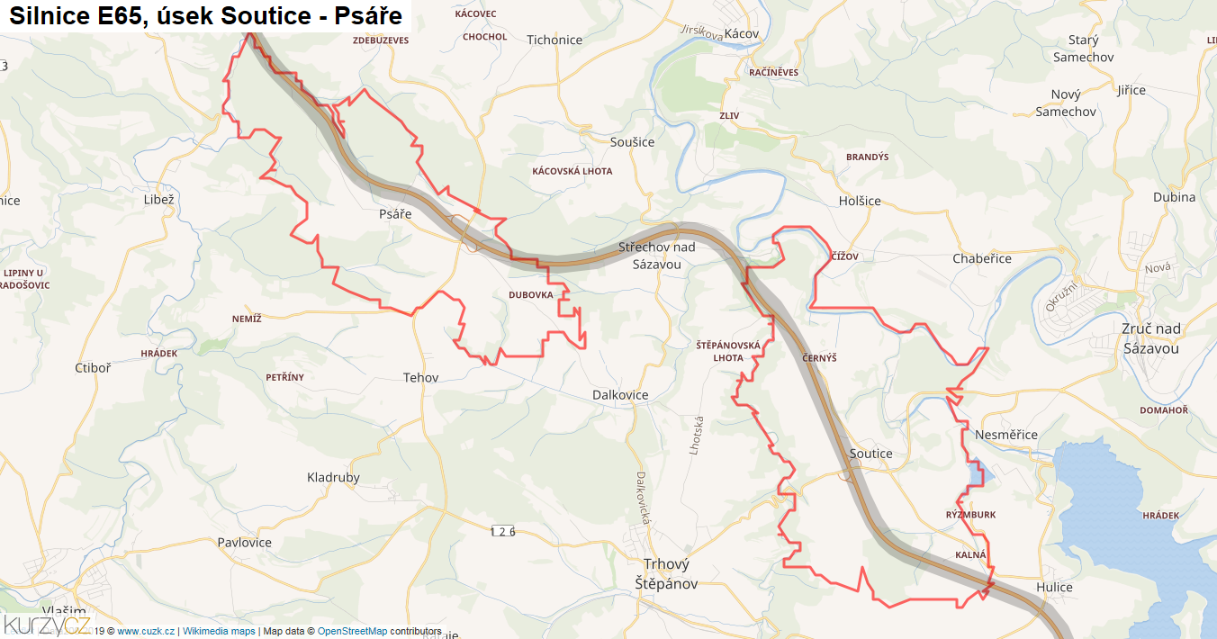 Úsek Soutice - Psáře, Silnice E65 - Mapa