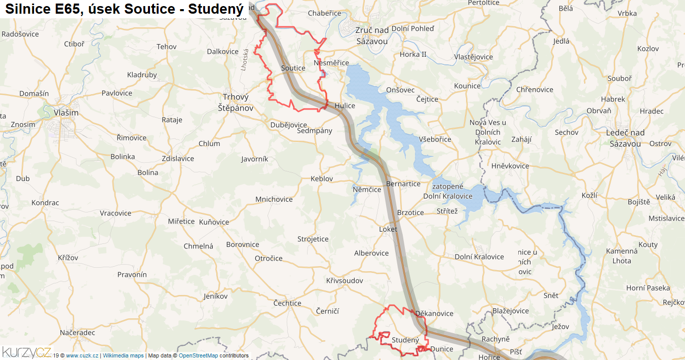 Úsek Soutice - Studený, Silnice E65 - Mapa
