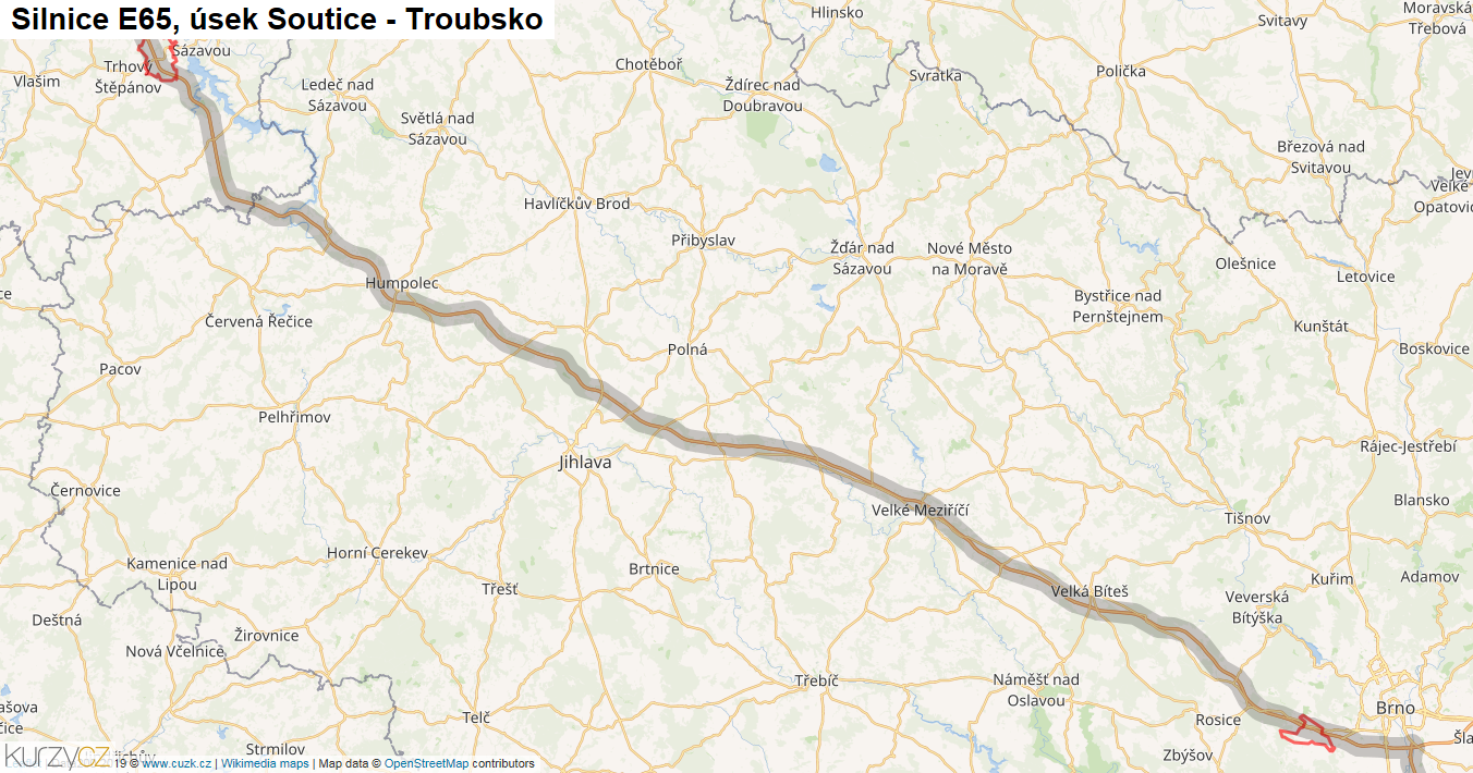 Úsek Soutice - Troubsko, Silnice E65 - Mapa