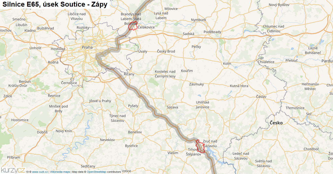 Úsek Soutice - Zápy, Silnice E65 - Mapa
