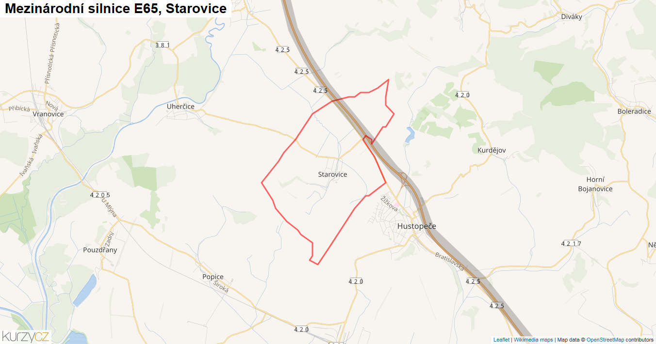 Starovice, Silnice E65 - Mapa