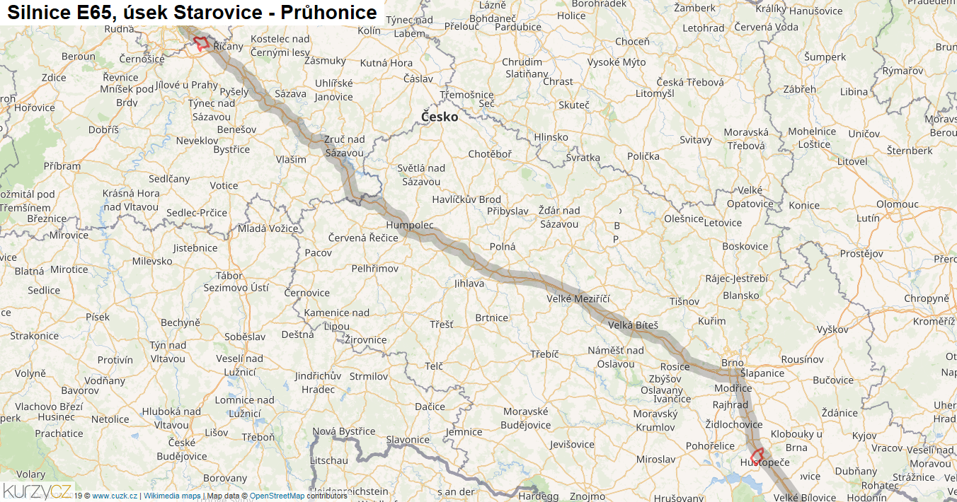 Úsek Starovice - Průhonice, Silnice E65 - Mapa