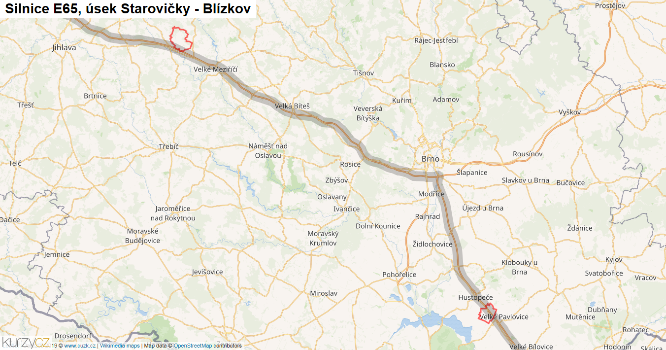 Úsek Starovičky - Blízkov, Silnice E65 - Mapa
