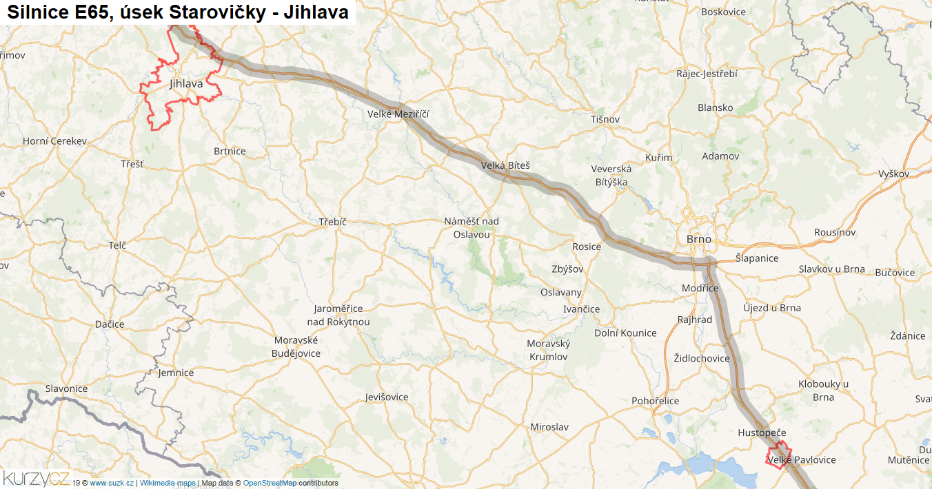 Úsek Starovičky - Jihlava, Silnice E65 - Mapa