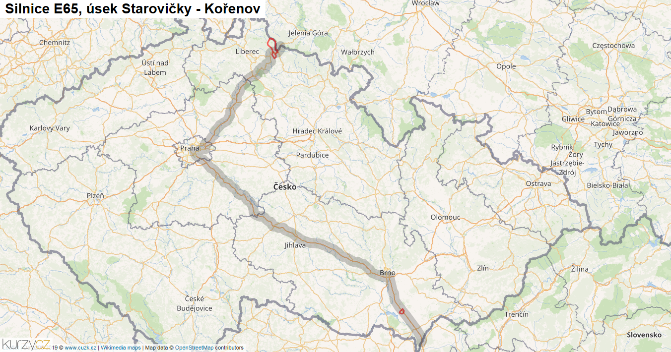 Úsek Starovičky - Kořenov, Silnice E65 - Mapa
