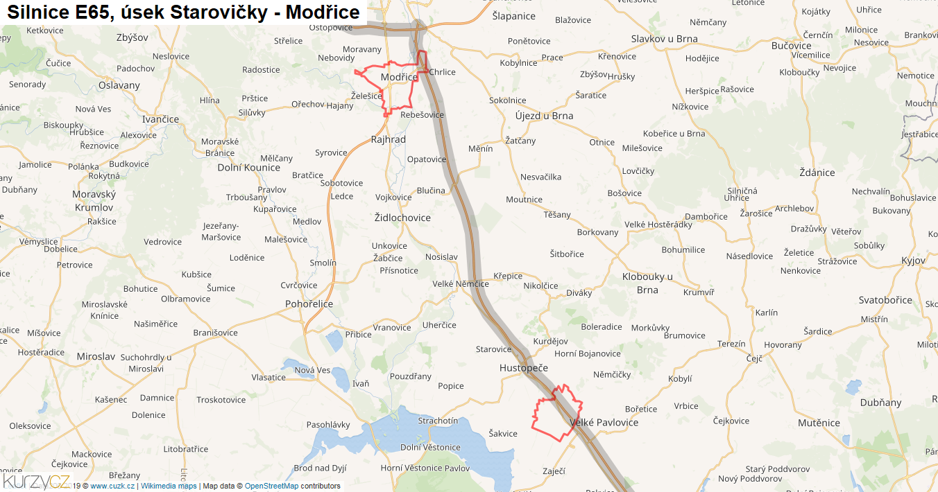 Úsek Starovičky - Modřice, Silnice E65 - Mapa