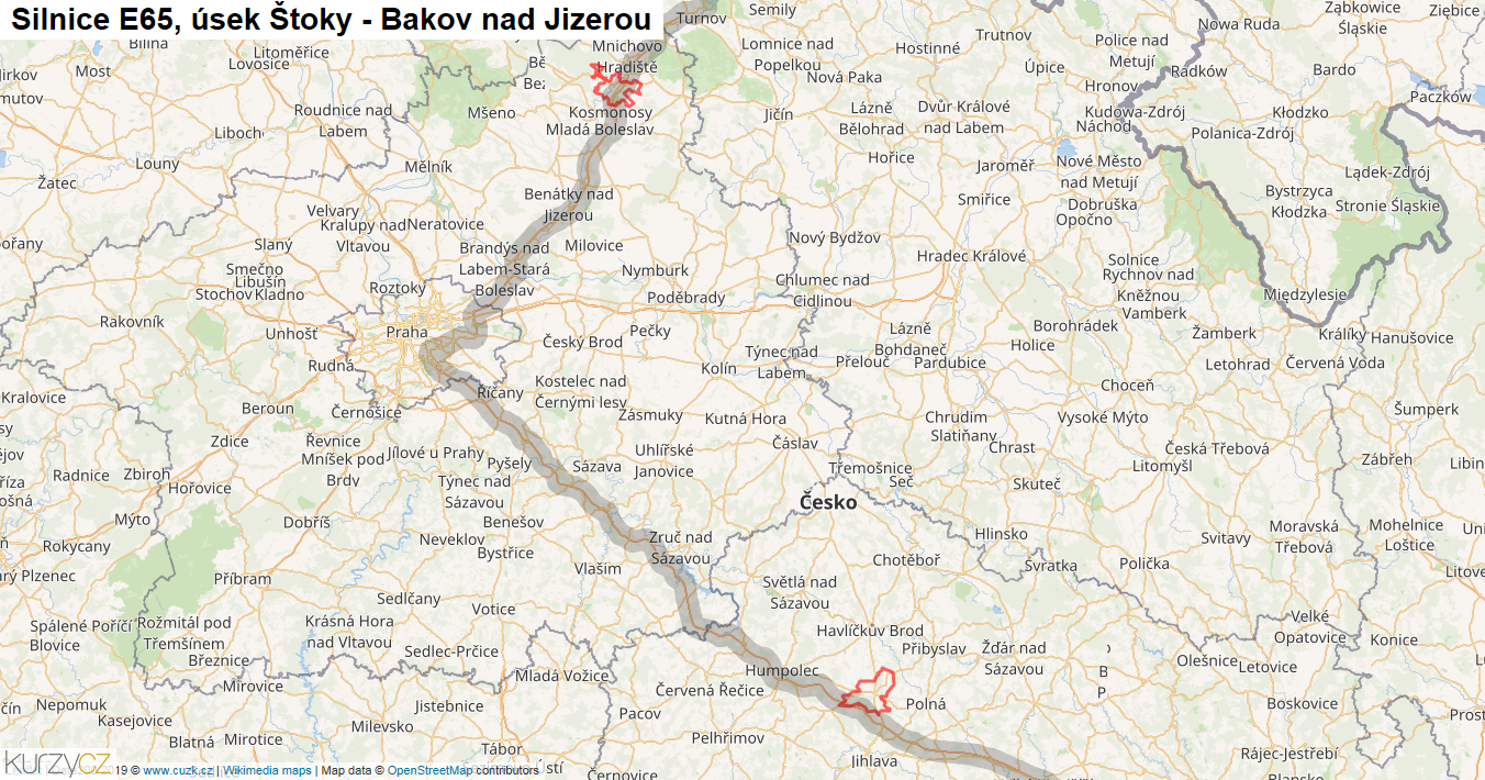 Úsek Štoky - Bakov nad Jizerou, Silnice E65 - Mapa