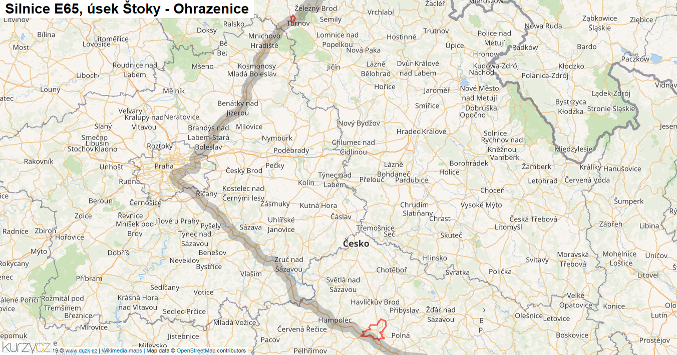 Úsek Štoky - Ohrazenice, Silnice E65 - Mapa