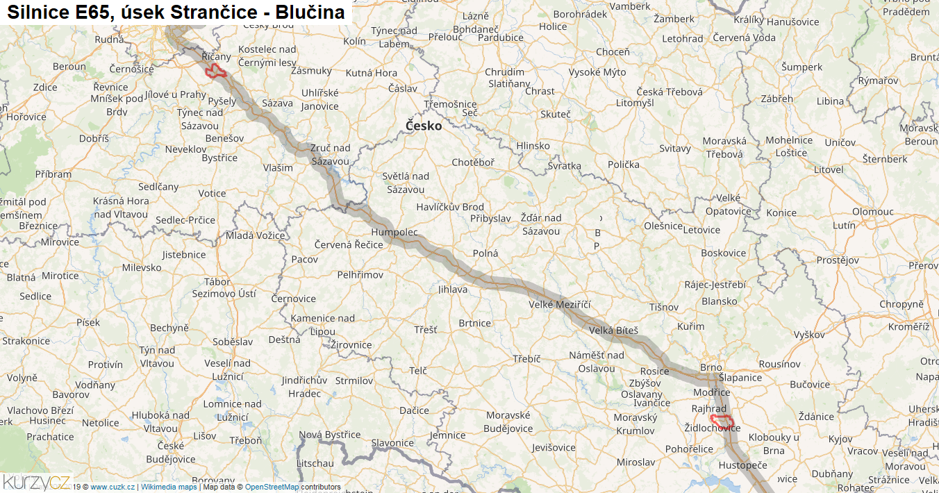 Úsek Strančice - Blučina, Silnice E65 - Mapa