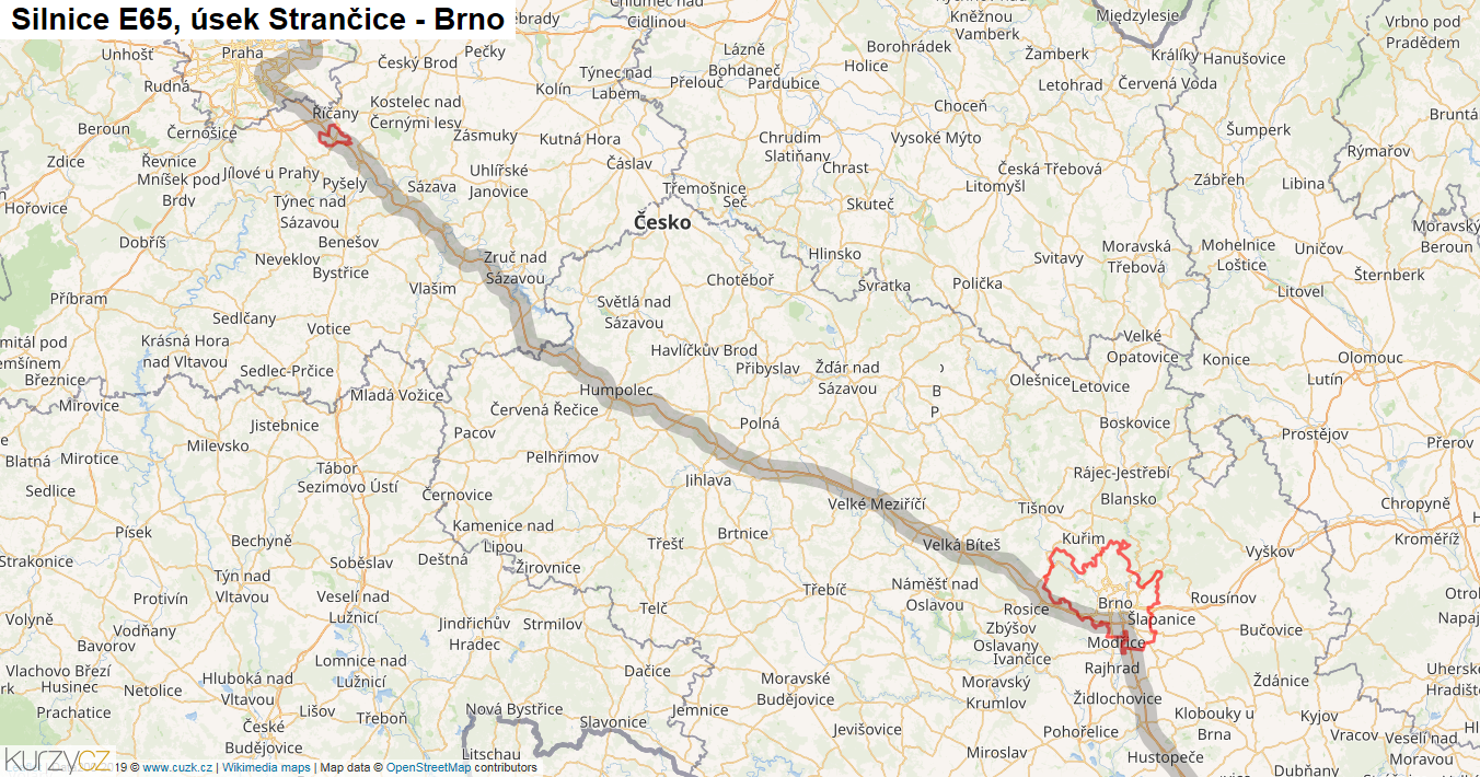 Úsek Strančice - Brno, Silnice E65 - Mapa