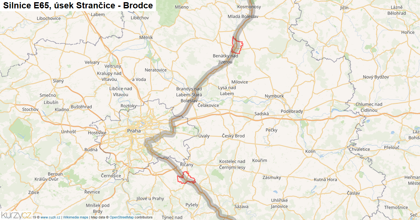 Úsek Strančice - Brodce, Silnice E65 - Mapa