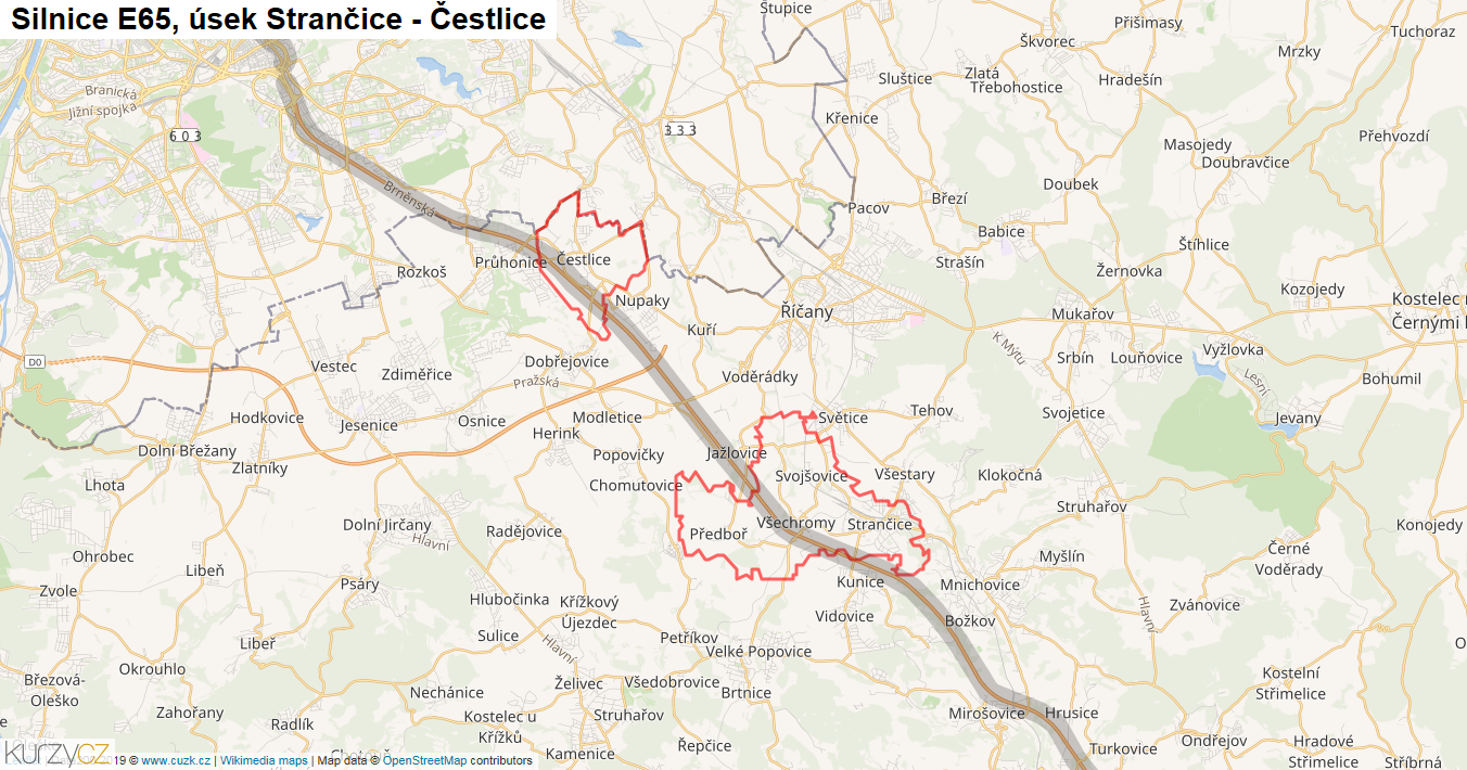 Úsek Strančice - Čestlice, Silnice E65 - Mapa