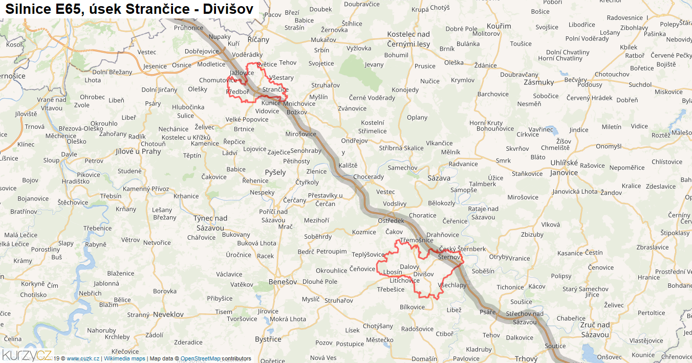 Úsek Strančice - Divišov, Silnice E65 - Mapa