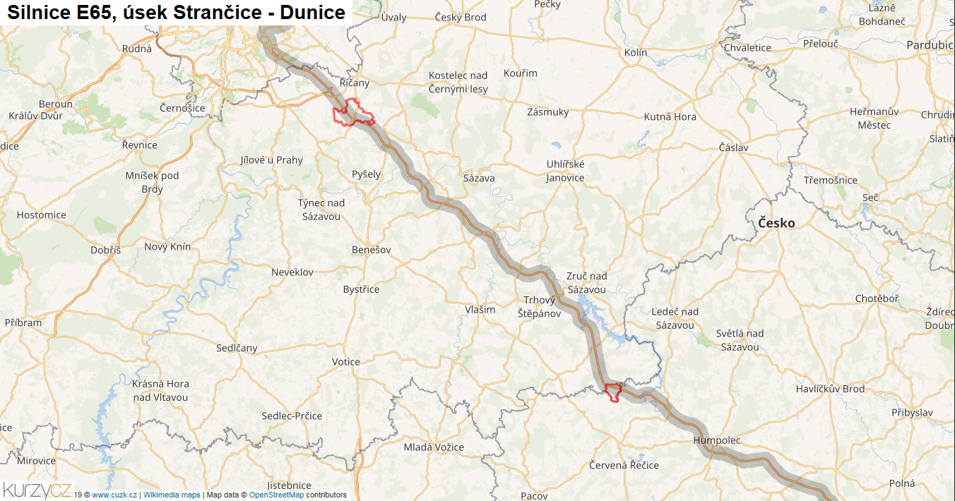Úsek Strančice - Dunice, Silnice E65 - Mapa