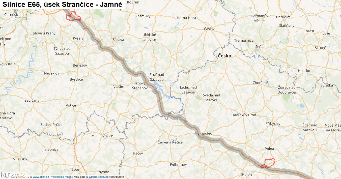 Úsek Strančice - Jamné, Silnice E65 - Mapa