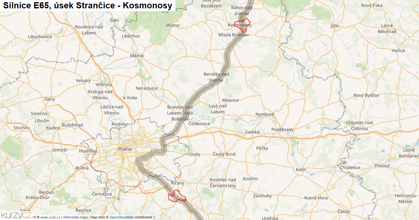 Úsek Strančice - Kosmonosy, Silnice E65 - Mapa