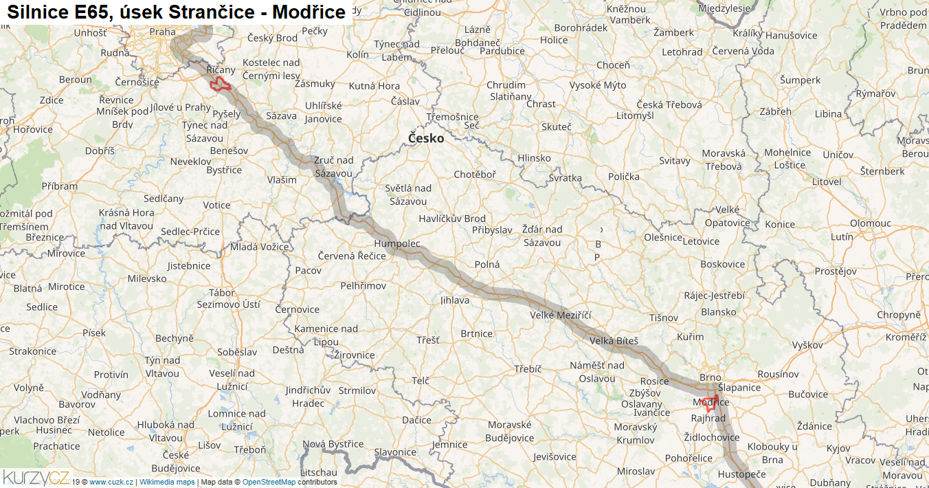 Úsek Strančice - Modřice, Silnice E65 - Mapa